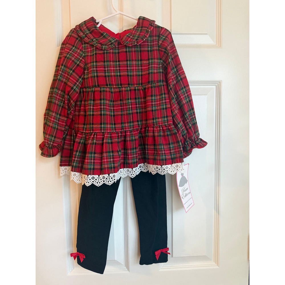 NWT Rare Editions Girls Red Plaid Tunic Lace Trim Leggings 2pc Set Size 4